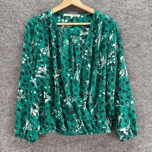 Collective Concept Blouse Women M Medium Green Geometric V-Neck Long Sleeve